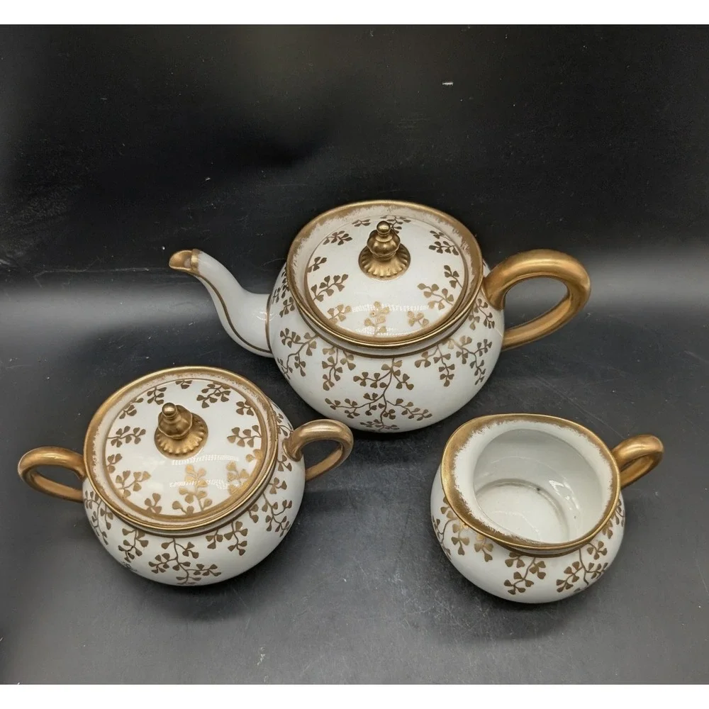 Antique Limoges Lycett France Gold Leaf Porcelain Teapot Sugar Creamer Set 3pc